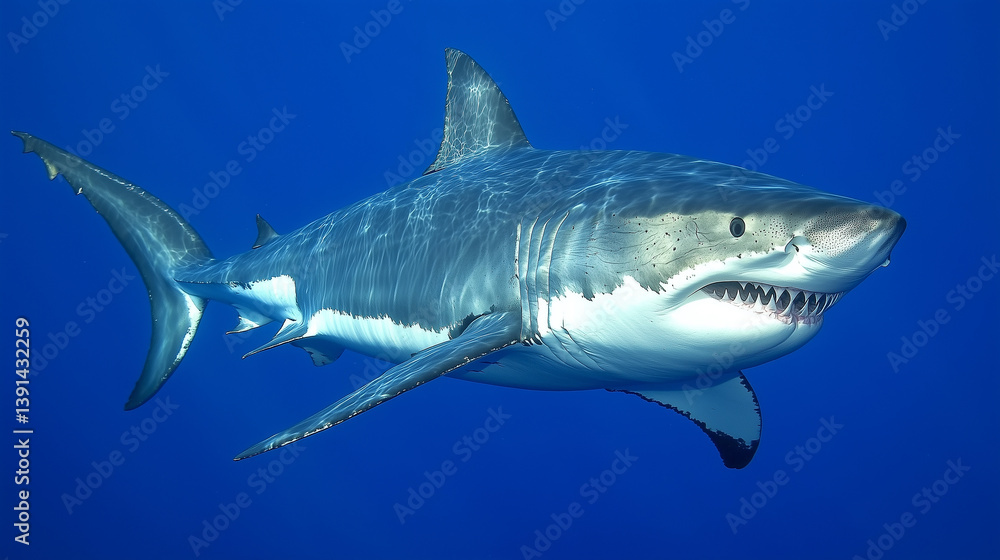 Sleek megalodon glides through deep waters, contrasting with a bulky silhouette in the background, embodying elegance and power.