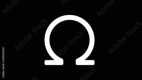 Icon omega is distorted. Glitch. Noise, chromatic aberration, geometric distortion. Transparent background, looped. In-Out looped. Alpha BW at the end