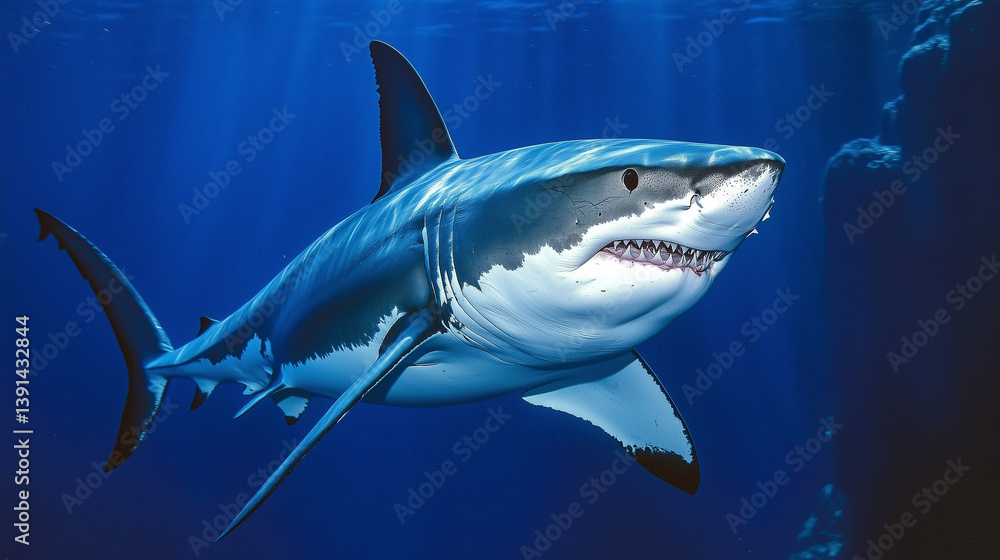 Fototapeta premium Sleek megalodon glides through deep waters, contrasting with a bulky silhouette in the background, embodying elegance and power.