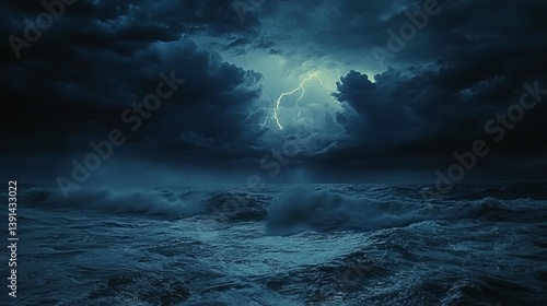Obraz w ramie Dramatic Black-and-White Scene of a Stormy Sea with Lightning