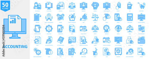 Accounting Icon Set Outline blue Style with accountant, accounting, financial, balance sheet, research, expense, authentication, budget, tax and stock price
