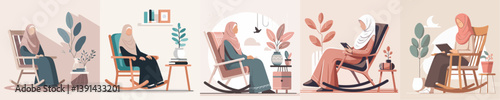 vector of a woman in hijab sitting on a rocking chair