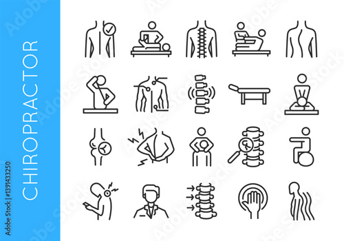 Chiropractor icons. Set of 20 Chiropractor trendy minimal icons. Example: Spine, Back, Massage, Bone Joint icon. Design signs for web page, mobile app, packaging design. Vector illustration.