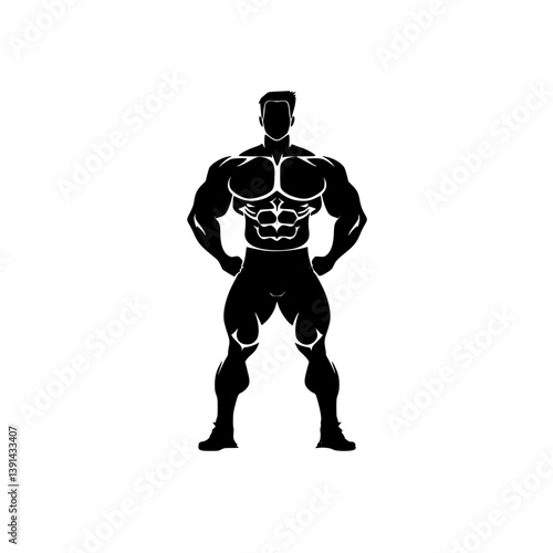 Muscular bodybuilder silhouette flexing pose, Black and white vector silhouette of a muscular male bodybuilder flexing in a powerful stance, ideal for fitness or gym branding.


