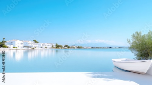 Wallpaper Mural Serene waterfront scene with white buildings and a small boat Torontodigital.ca