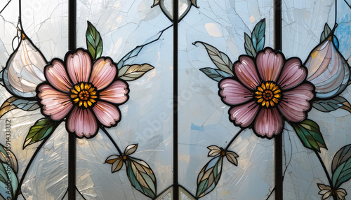 Vintage Stained Glass Floral Design With Pink Flowers