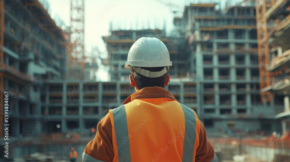 Worker in hard hat surveys large building construction site. Illustrates construction, engineering, development, and architecture. Worker in hard hat surveys large building construction site. Illustrates construction, engineering, development, and architecture.