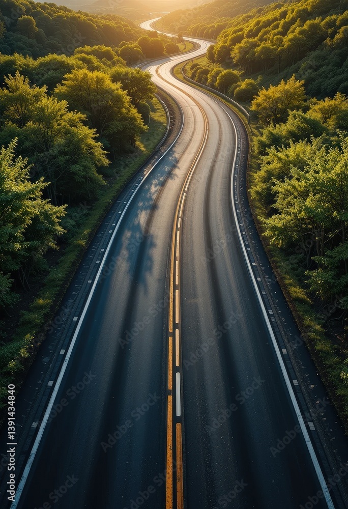 Obraz premium A winding, long road stretches into the distance, flanked by lush green trees and vibrant bushes on either side, creating a serene and inviting atmosphere for travelers.
