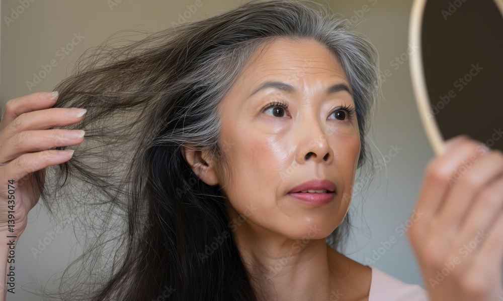 Fototapeta premium A Japanese woman in her fifties with long hair is looking at herself through the mirror, showing signs of gray and thinning hair. A middle-aged Asian retiree looking very young. Gray streak