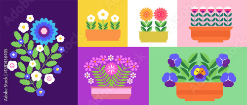 Beautiful bright flowering plants, seedlings in pots and flower boxes, flowerpots