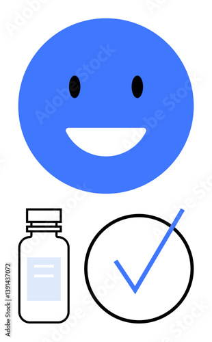 Smiling blue face above vaccine bottle and checkmark representing health, protection, safety, and achievement. Ideal for healthcare, vaccination campaigns, success, positivity, goal completion