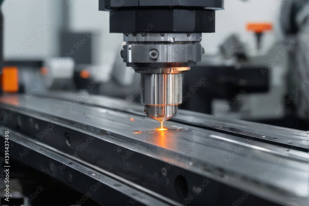 Black CNC Machine Cutting Metal with Laser Beam in Workshop Black CNC Machine Cutting Metal with Laser Beam in Workshop