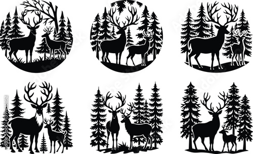 Deer and stag in the forest silhouette black vector art set design 