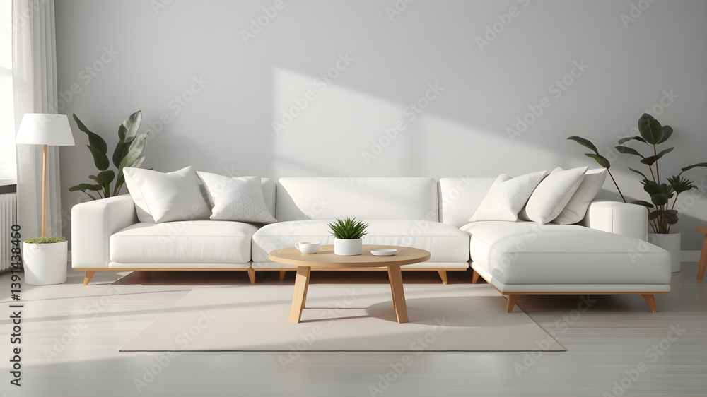 Minimalist living room with white sofa, pillows and plants. Minimalist living room with white sofa, pillows and plants.