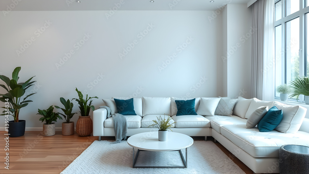 Fototapeta premium Minimalist living room with white sofa, pillows and plants.