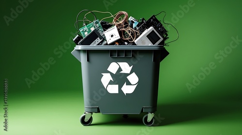 Overflowing trash container with discarded electronics and recycling symbol, representing electronic waste, environmental responsibility, and digital product disposal


