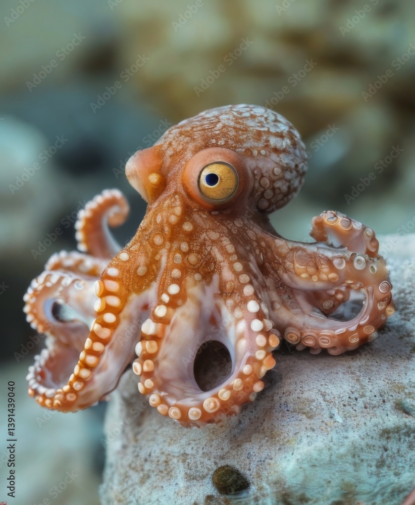 Obraz premium Octopus CloseUp Resting on Rock with Spiral Tentacles and Small Eye, Blurred Underwater Background in Warm Earthy Tones.