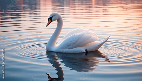 White Swan On Calm Water At Sunset
