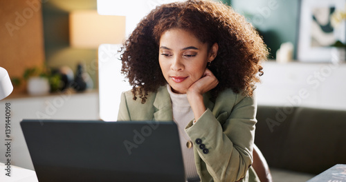 Obraz na płótnie Office, employee and woman with laptop, reading and media coordinator with budget for ad campaign. Online, review and person with tech for audience engagement, startup and schedule in business w salonie