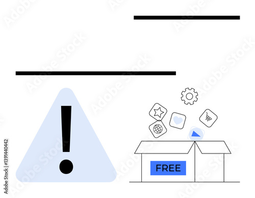 Wallpaper Mural Exclamation mark inside triangle, open box labeled FREE releasing miscellaneous icons. Ideal for caution, promotional offers, digital tools, marketing campaigns, software downloads, productivity Torontodigital.ca