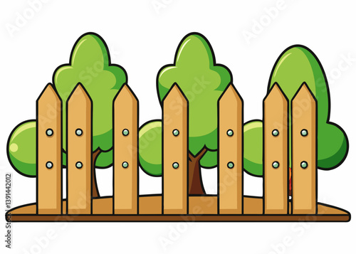 Garden scene with fence and trees Summer landcape vector illustration