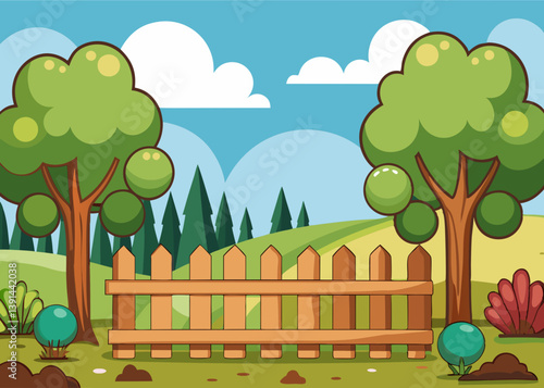 Garden scene with fence and trees Summer landcape vector illustration