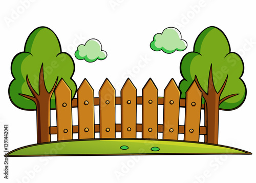 Garden scene with fence and trees Summer landcape vector illustration