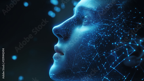 Digital portrait of a person in profile with data, on a blue background.