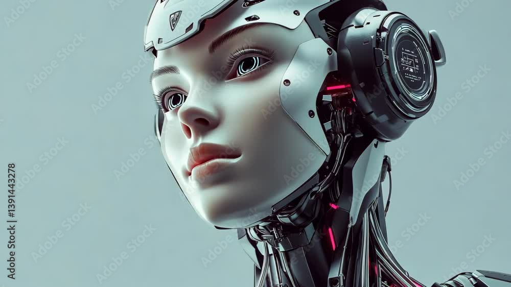 Humanoid robot with female face, white helmet, robot looking forward in high-tech environment illuminated by cold tones of light. Advanced artificial intelligence technology Humanoid robot with female face, white helmet, robot looking forward in high-tech environment illuminated by cold tones of light. Advanced artificial intelligence technology