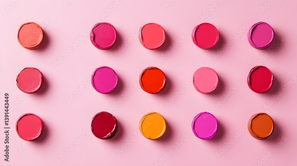 Flat lay of various shades of pink, red, and orange lipstick swatches arranged in a grid on a pink background. Flat lay of various shades of pink, red, and orange lipstick swatches arranged in a grid on a pink background.