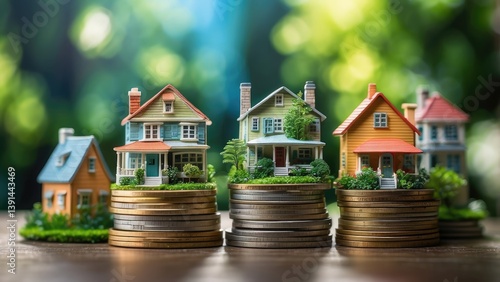 Wallpaper Mural Tiny model houses with red roofs perched on stacks of gold coins Torontodigital.ca