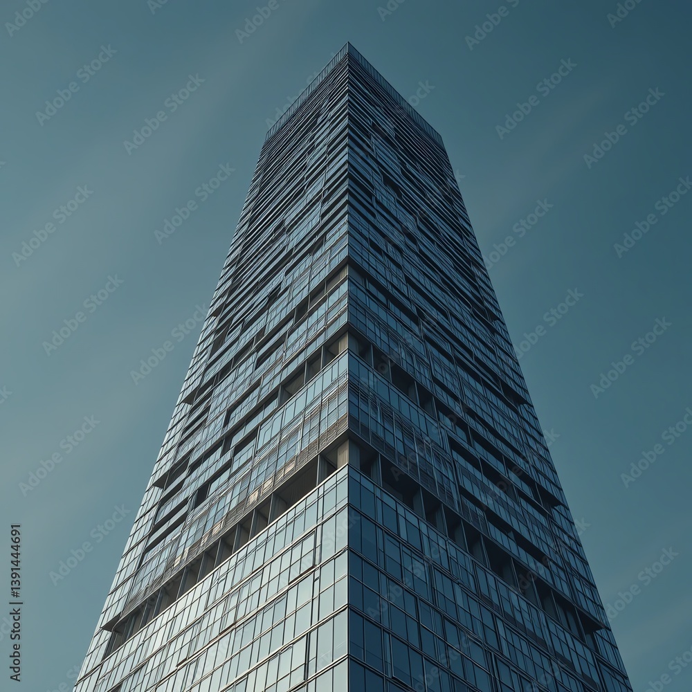 Imposing modern skyscraper with a sleek glass facade reaching towards the sky, symbolizing urban innovation and design excellence. Imposing modern skyscraper with a sleek glass facade reaching towards the sky, symbolizing urban innovation and design excellence.