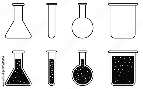 Chemical flask or erlenmeyer flask vector set, laboratory chemical glassware equipment.