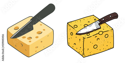 isometric illustration of a yellow cheese block with a knife