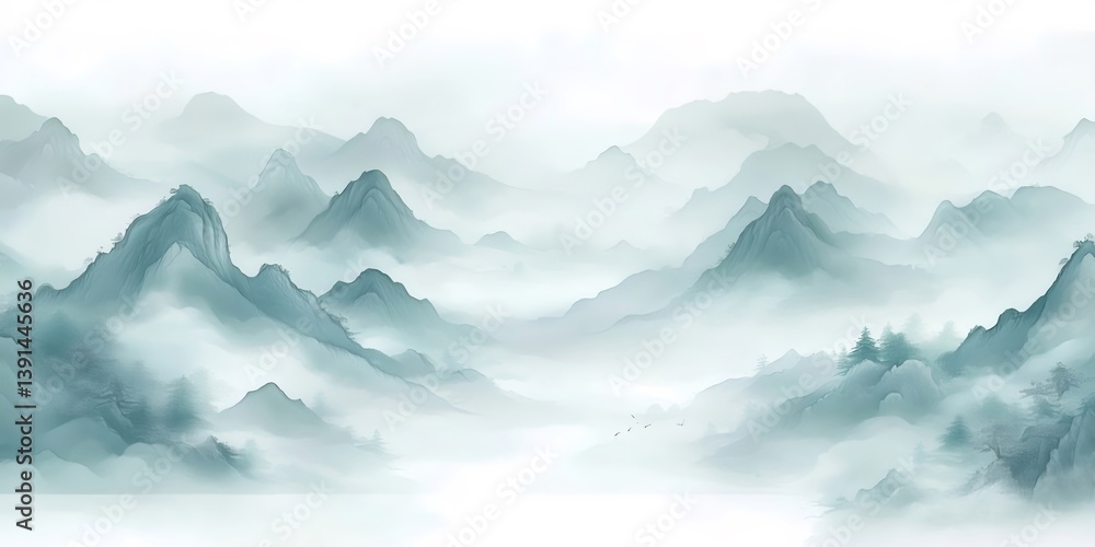 Misty Mountain Landscape Scene Depicting Hills and Layers Of Fog in Soft Green Tones Misty Mountain Landscape Scene Depicting Hills and Layers Of Fog in Soft Green Tones