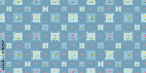 Floral pattern in the form of frames with bows. Hand-drawn spring and summer flowers. Elegant fashionable blue Seamless lattice pattern . Design for baby print, fabric, wallpaper or wrapping paper.