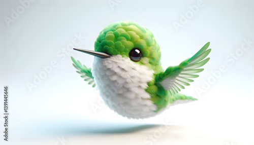 3D baby Xantus's hummingbird with shiny feathers hovering on white background
