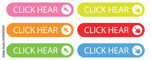 Click web buttons collection, Click Here Button with Click cursor,  Click here web button sign symbol, Vectoe.