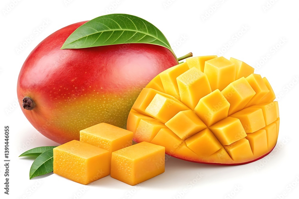 Juicy Ripe Mango with Leaf and Sliced Cubes – Fresh Tropical Fruit on White Background Juicy Ripe Mango with Leaf and Sliced Cubes – Fresh Tropical Fruit on White Background