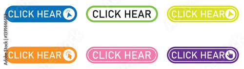Click web buttons collection, Click Here Button with Click cursor,  Click here web button sign symbol, Vectoe.