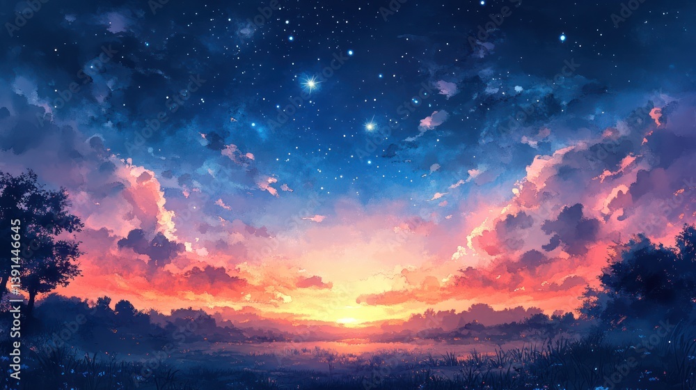 Fototapeta premium Sunset, starry night, field, trees, peaceful landscape, digital art, background, illustration, website design