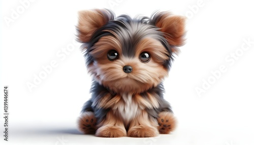 Cute 3D baby Yorkie dog with fluffy coat and black nose in soft lighting