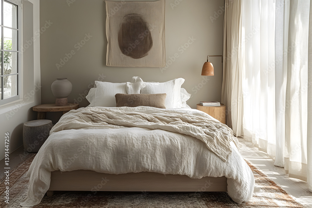A serene bedroom with a simple platform bed dressed in white linen and a piece of abstract wall art A serene bedroom with a simple platform bed dressed in white linen and a piece of abstract wall art