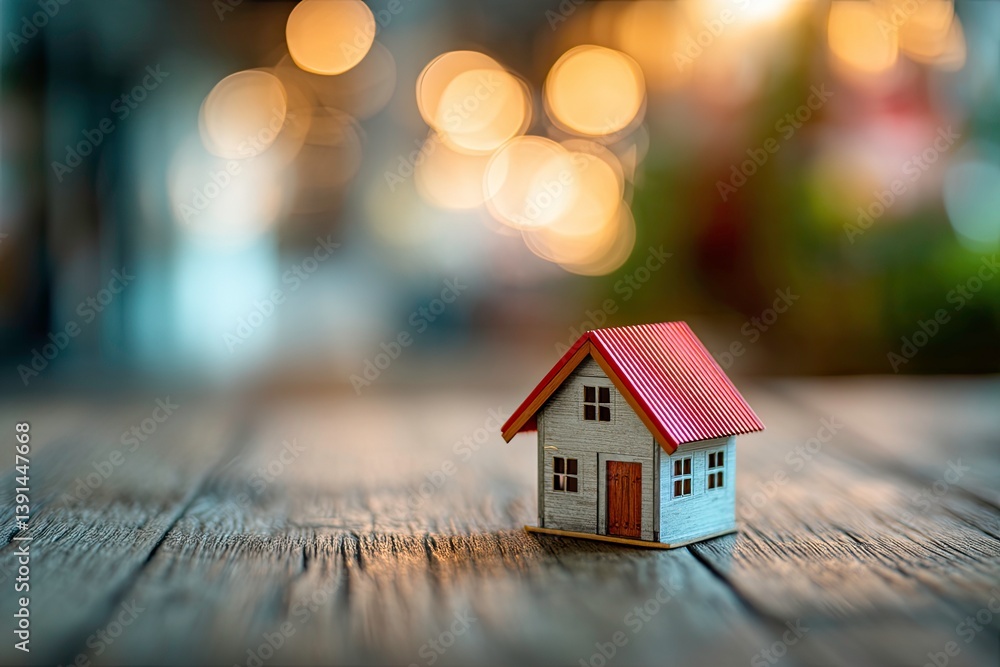 Miniature home model on wooden table, perfect for real estate Miniature home model on wooden table, perfect for real estate