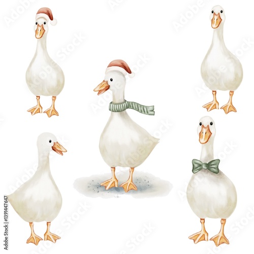 Charming watercolor geese wearing seasonal accessories in a playful design