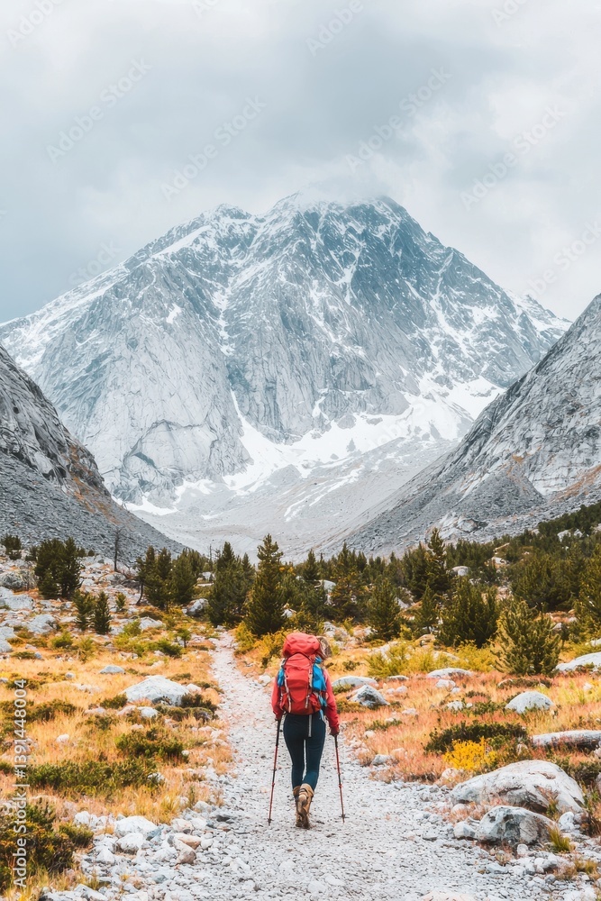 Obraz premium A solitary hiker with a backpack navigates a winding trail through a rugged snow blanketed mountain landscape on a cold overcast day