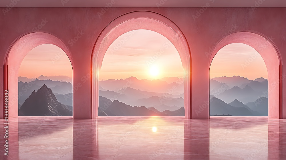 Fototapeta premium Pink arched room with mountain sunset view.