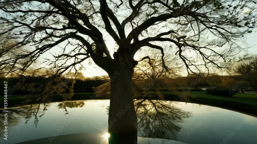 Orbiting camera around a grand tree stretching over a serene pond, unveiling intricate branch patterns, ambient light, calm water Orbiting camera around a grand tree stretching over a serene pond, unveiling intricate branch patterns, ambient light, calm water