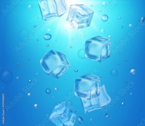 Falling ice cubes in blue background, Ice blocks fall in shining water. Realistic illustration vector