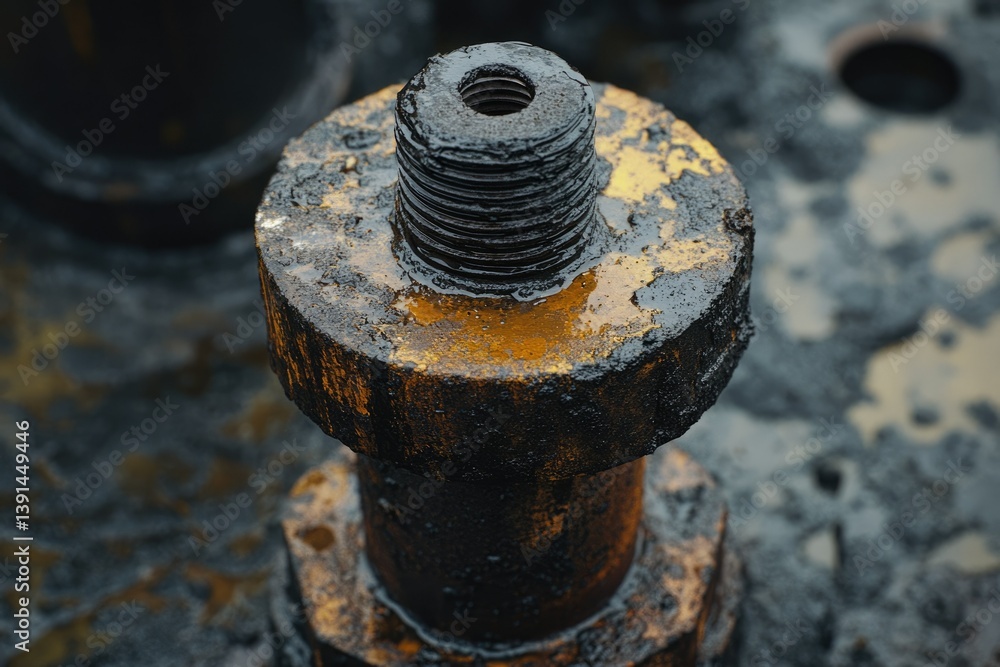 A close-up shot showcasing a large, old, and greasy bolt with visible threads, showing its industrial usage. A close-up shot showcasing a large, old, and greasy bolt with visible threads, showing its industrial usage.